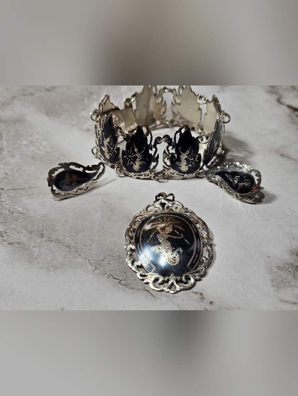 Vintage Sterling Siam Bracelet, earrings, and Pendant Set
